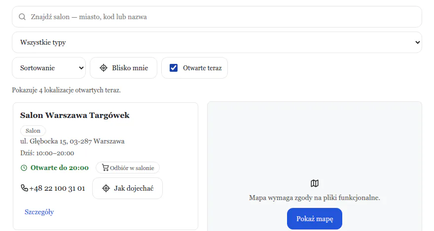 Filtr Otwarte teraz zaznaczony wieczorem: „Pokazuje 4 lokalizacje otwartych teraz” i karta salonu z napisem Otwarte do 20:00.