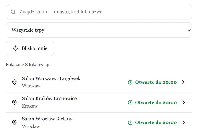 Animacja: klient wpisuje w wyszukiwarkę „Wroc” i lista ośmiu salonów zawęża się do jednego salonu we Wrocławiu.