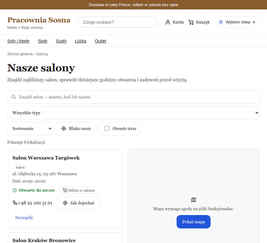 Strona „Nasze salony” sklepu meblowego: wyszukiwarka, filtry, karta salonu Warszawa Targówek z napisem Otwarte do 20:00 i pole mapy z przyciskiem Pokaż mapę.