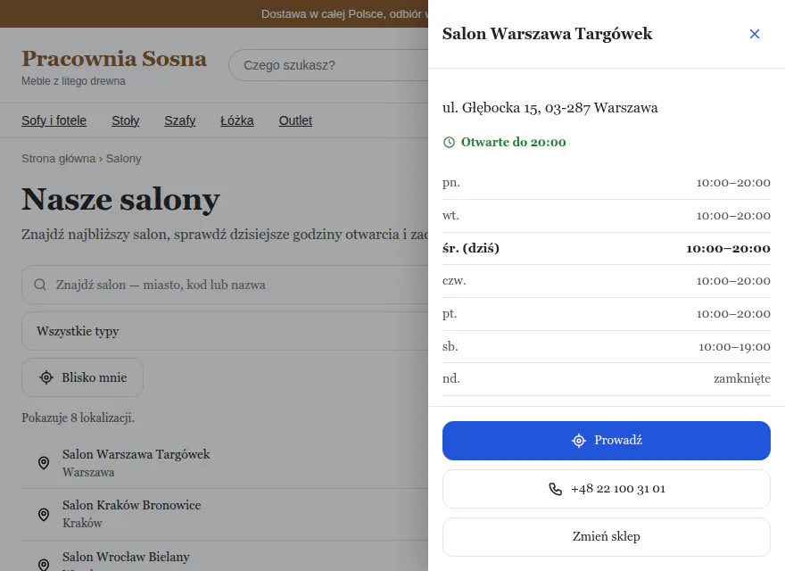 Panel wybranego salonu otwarty z nagłówka sklepu: adres, godziny tygodnia, przyciski Prowadź, telefon i Zmień sklep.