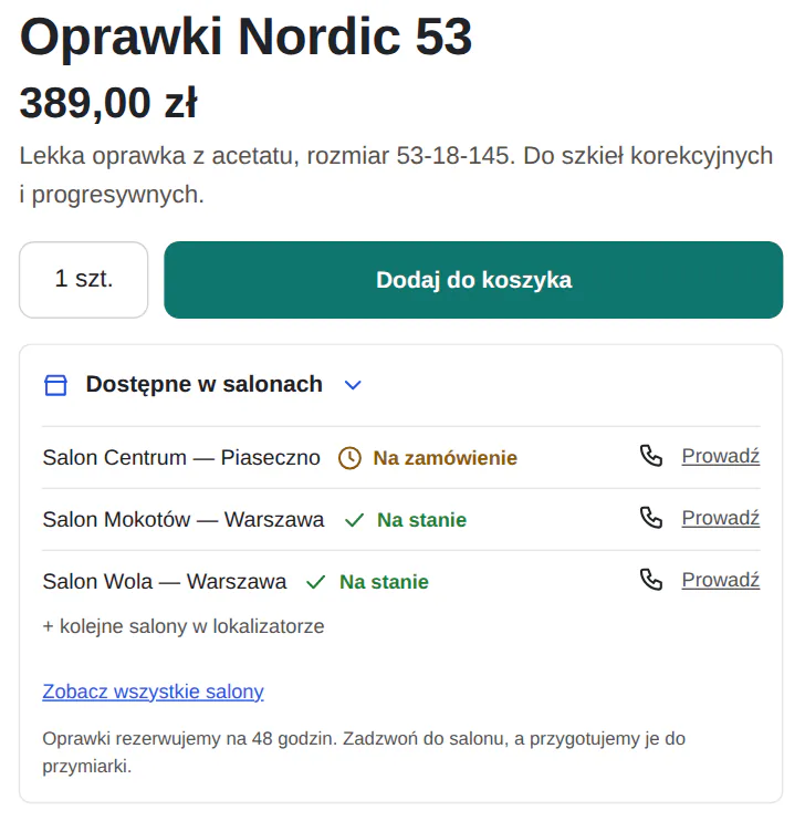 Karta produktu Oprawki Nordic 53 z blokiem Dostępne w salonach: trzy salony ze statusami Na stanie i Na zamówienie, telefonem i przyciskiem Prowadź oraz dopiskiem o rezerwacji na 48 godzin.