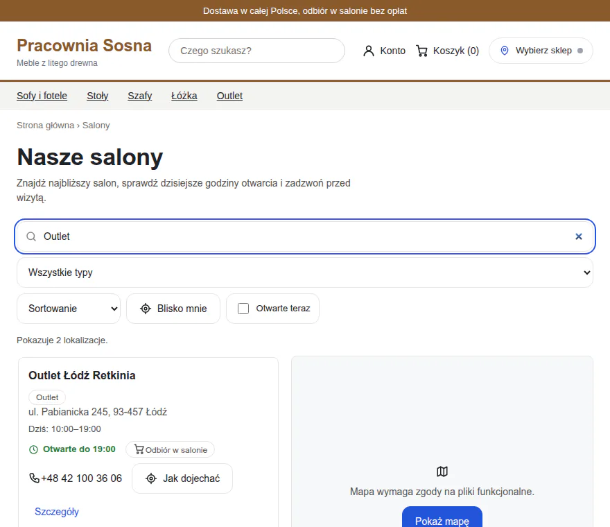 Strona sklepu meblowego w szablonie RWD: w wyszukiwarce wpisane „Outlet”, wynik to Outlet Łódź Retkinia i pole mapy czekające na zgodę klienta.