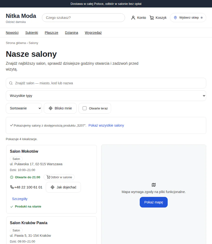 Lokalizator sklepu z odzieżą otwarty z karty produktu: pasek informuje o filtrze produktu, cztery salony i status Produkt na stanie na karcie Salon Mokotów.