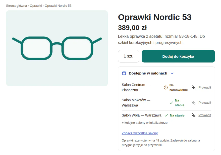 Karta produktu Oprawki Nordic 53 w sklepie optycznym z blokiem Dostępne w salonach: Salon Centrum jako wybrany jest pierwszy, dalej Salon Mokotów i Salon Wola.